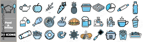 A collection of 30 food and drink icons, featuring items like fruits, vegetables, prepared meals, and beverages, presented in a clean, modern style.