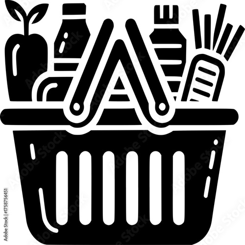 Grocery Basket Silhouette: A detailed silhouette of a grocery basket brimming with fresh produce and groceries. It encapsulates the essence of a healthy lifestyle and sustainable living.