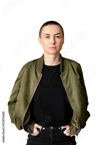 Tableau sur toile Skinhead woman in studio shoot transparent png