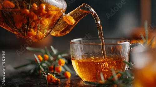 Pouring sea buckthorn tea from a glass teapot into a glass cup on a dark surface with berries