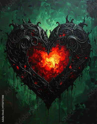 Intricate, ornate heart shape with fiery core against a green background