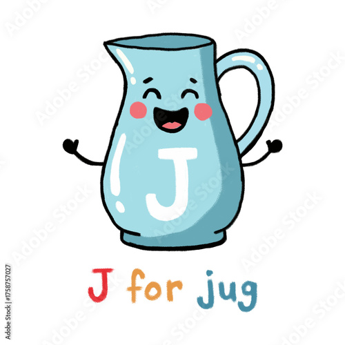 Illustration of hand drawn cute jug with letter j isolated on transparent background