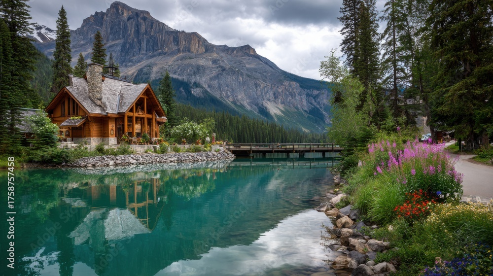 Obraz premium mountain lodge reflected in turquoise water,