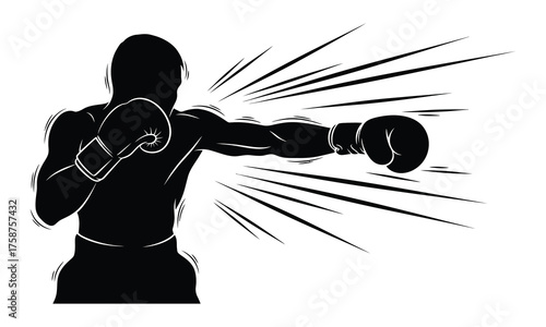Minimalist vector silhouette of a boxer aggressively punching forward with strong energy and movement