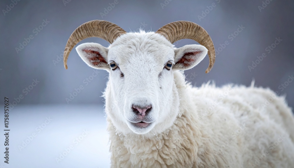 Obraz premium Majestic White Sheep with Curled Horns in Winter Landscape.