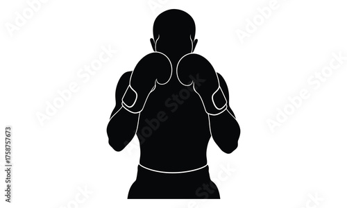 Minimalist vector silhouette of a boxer in defensive guard stance with fists raised in front-facing position