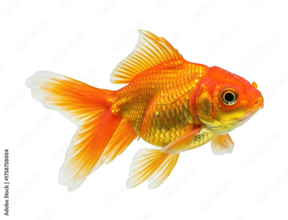 Fototapeta premium Bright orange goldfish with flowing fins swims against a black background.