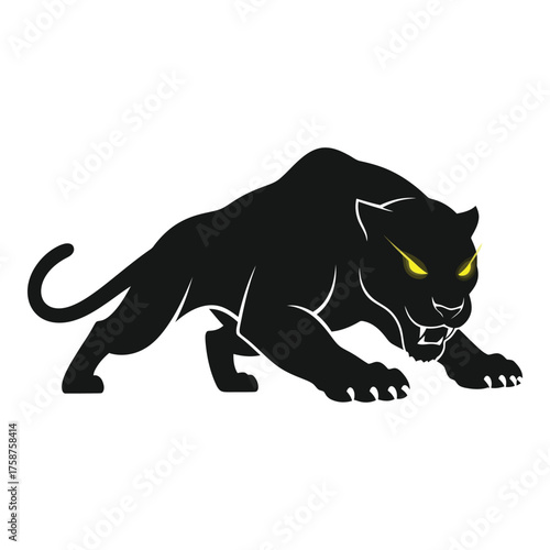 Powerful black panther prowling with glowing eyes ready to pounce, perfect for sports team logo or brand identity design with a fierce, modern feel