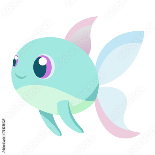 Cute blue cartoon fish with big eyes and flowing fins isolated on white background illustration vector graphic