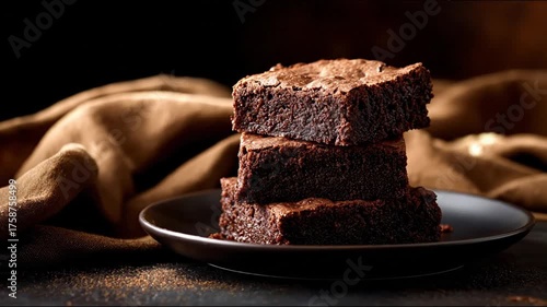 Three fudgy chocolate brownies stacked on a dark plate set against a dark moody background with brown fabric