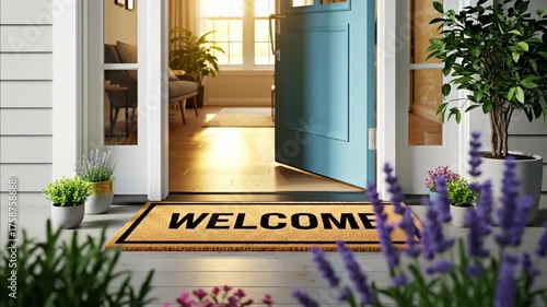 Front door with a welcome doormat slowly opening to reveal a bright and sunny home interior, inviting footage.
