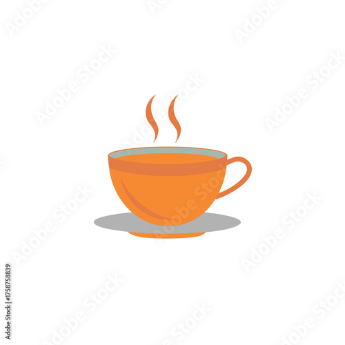 Steaming orange coffee cup and saucer on a black background
