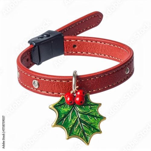 Red Leather Collar with Holly Charm on White Background For Small Dog