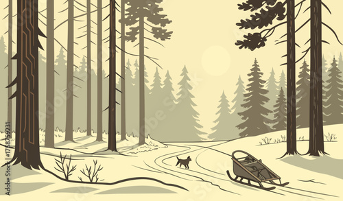 "Snow-covered pine forest with golden sunrise filtering through tall trees, fresh untouched snow on the ground, a traditional dog cart with huskies resting beside it, peaceful winter morning atmospher