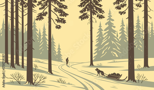 "Snow-covered pine forest with golden sunrise filtering through tall trees, fresh untouched snow on the ground, a traditional dog cart with huskies resting beside it, peaceful winter morning atmospher