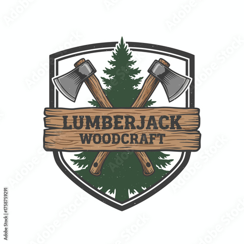 A rustic emblem showcasing crossed axes, text, a fir tree, and a shield design