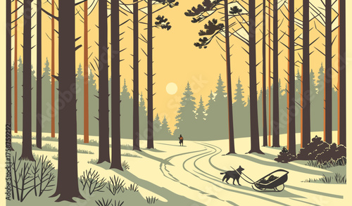 "Snow-covered pine forest with golden sunrise filtering through tall trees, fresh untouched snow on the ground, a traditional dog cart with huskies resting beside it, peaceful winter morning atmospher