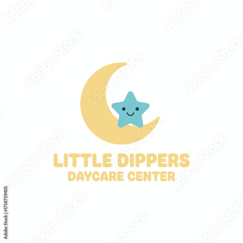 A child-friendly illustration with a crescent moon embracing a smiling star, with matching text