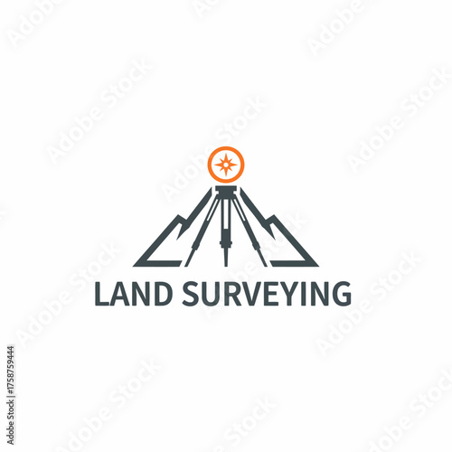 A logo featuring a compass rose on a theodolite surveying tool atop a mountain silhouette, with text below
