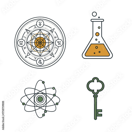 Collection of symbols representing science and mystery.