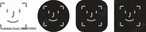 Face ID recognition icon set collection group in black color flat and line style, biometric face scan symbol, facial identification and security authentication vector