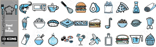 A collection of food and drink icons in a blue and gray color scheme.