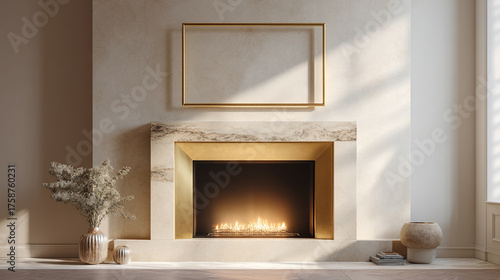 Interior view of fireplace with golden frame and vases on the mantelpiece in a bright room