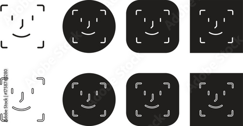 Face ID recognition icon set collection group in black color flat and line style, biometric face scan symbol, facial identification and security authentication vector