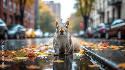 Fototapeta Naklejka Na Ścianę i Meble -  Curious small squirrel sits on wet street amidst fallen autumn leaves low angle shot