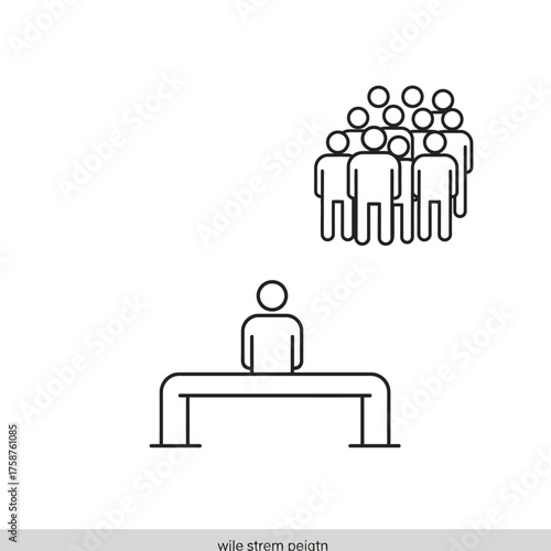 Line art illustration of a speaker addressing a crowd from a podium.