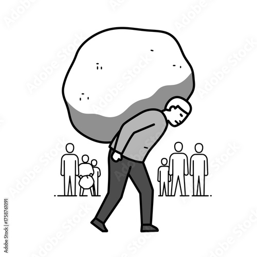 Man carrying a heavy boulder on his back illustration.