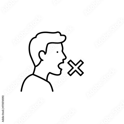 Man with mouth open and a cross symbol indicating no sound or speech.