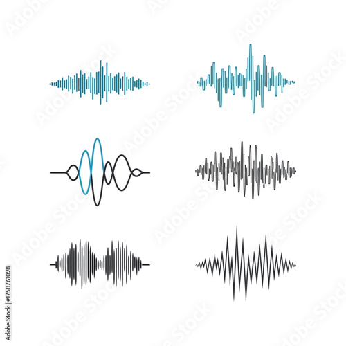 Set of different audio waveform and soundwave graphics.