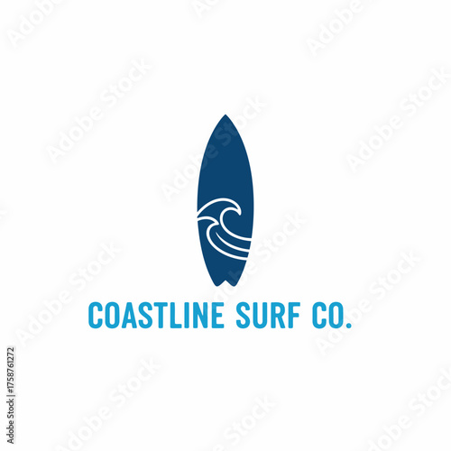 A dark blue surfboard with white wave illustration, beneath "COASTLINE SURF CO." on a white background