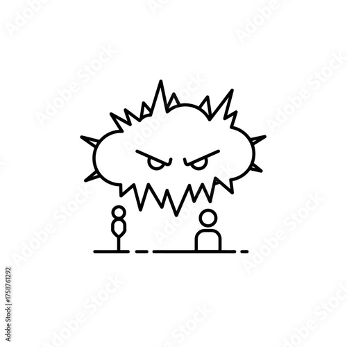 Two people facing off under an angry spiky cloud symbolizing conflict and disagreement.