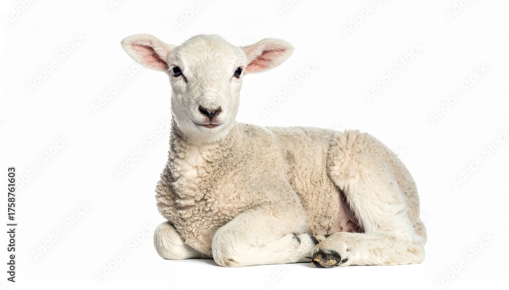 Fototapeta premium Adorable Lamb Resting Peacefully on White Background.