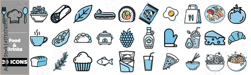A collection of 30 food and drinks icons, including various dishes, ingredients, and kitchenware, presented in a clean, modern style with blue accents.