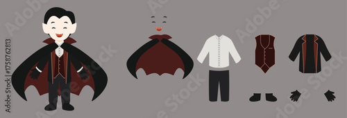 Halloween character. Funny costumes: vampire. Kids in spooky outfits with trick or treat. Illustration in cartoon style, doodle mascots