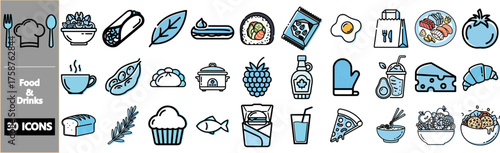 A collection of 30 food and drink icons, featuring various culinary items, kitchen utensils, and beverages in a minimalist blue and black line art style.
