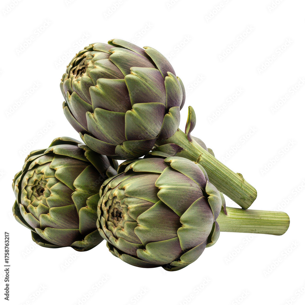 Obraz premium Three fresh green artichokes with purple tips a vegetable