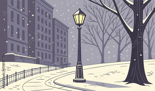 Street lamp glowing in heavy snowfall on empty city street, quiet winter night atmosphere, cinematic light and fog effect.