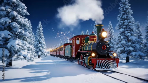 Retro christmas train on snowy tracks with bright stars at night. Winter wonderland holiday journey with steam and festive lights.