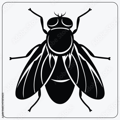 Stylized fly graphic. Symmetrical black and white housefly illustration. Vector icon for pest control or an entomology symbol.