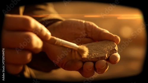 Man researcher carefully brushes dirt from an ancient clay tablet with a brush, revealing historical artifacts, footage.