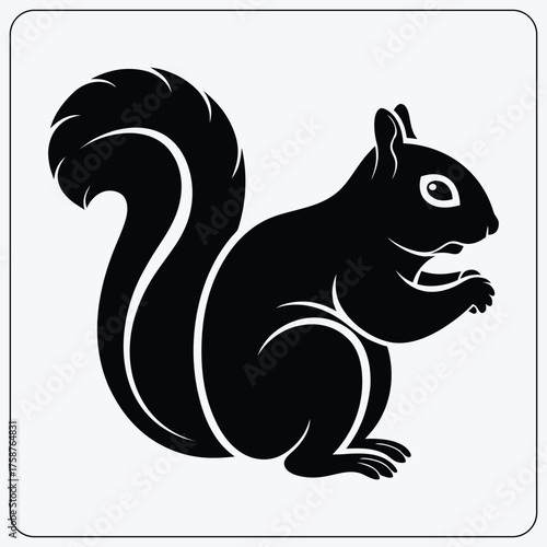 Stylized squirrel silhouette. Black and white rodent with a bushy tail eating a nut. Forest animal vector symbol for a nature or park logo.