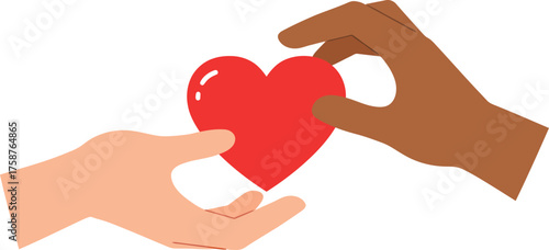 Two hands, one light-skinned and one dark-skinned, exchange a red heart symbol, representing love, care, and unity.