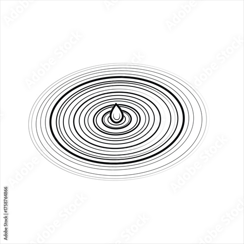 Minimalist black and white vector illustration of a single drop causing ripples and waves on a smooth water surface.
