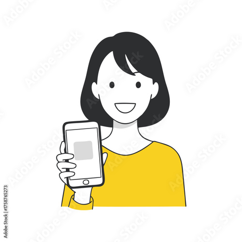 Smiling Woman Holding Smartphone, Presenting Screen with Blank Display, Simple Illustration.