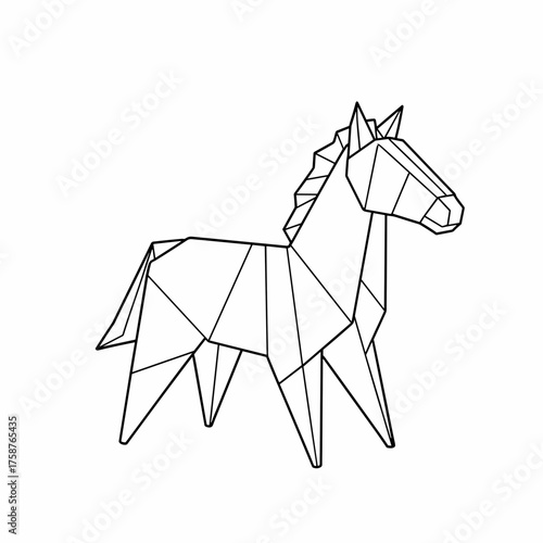 Origami horse sculpture in geometric style with outlined features  