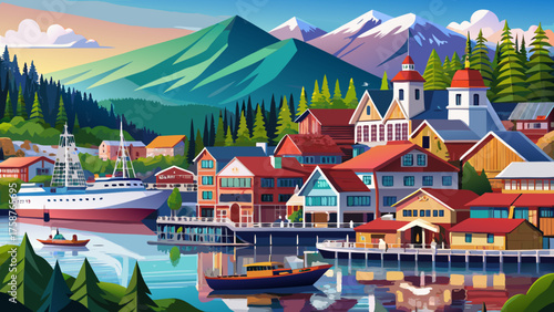 Very beautiful panoramic view of the town of Ketchikan, Alaska, USA, showcasing colorful waterfront buildings by the cruise ship pier surrounded by forested hills and calm coastal waters.